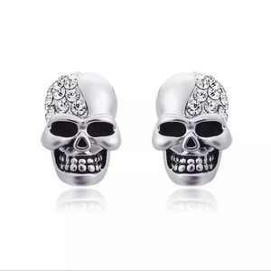 Silver titanium and simulated diamond skull goth punk stud earrings new unisex